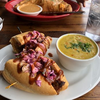 Slackwater - Pork sandwich and the maligawa-whatever soup. Delicious! - Pizza Near Me - Sandy, Utah