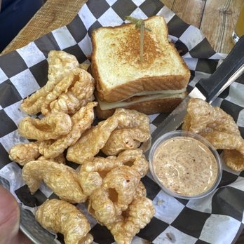 Jasper's Barbeque - Brisket grilled cheese with a side of Chicharron - Barbeque Near Me - Big Bear Lake, California