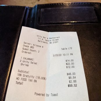 Unity Bar and Restaurant - Bill - American Near Me - Baltimore, Maryland