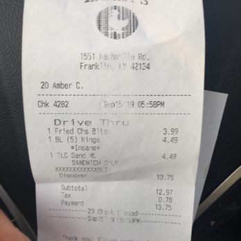 Zaxbys - Receipt - Chicken Wings Near Me - Franklin, Kentucky Zaxbys - Receipt - Chicken Wings Near Me - Franklin, Kentucky
