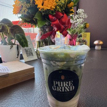 Pure Grind Coffee & Juice Bar - Butterfly Meadow Matcha latte - Coffee & Tea Near Me - Modesto, California Pure Grind Coffee & Juice Bar - Butterfly Meadow Matcha latte - Coffee & Tea Near Me - Modesto, California