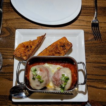 Veranda - meatball appetizer. It came with San Marzano Tomato, melted Smoked Scamorza cheese, and some very interesting toasted garlic bread - Breakfast & Brunch Near Me - Las Vegas, Nevada