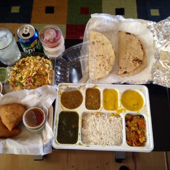 Chaat House fremont - Bhel Thali Plate (bhel, 2 rotis, papad, rice, daal, Aaloo gobi, kudi, and saag) and Samosas (2). All for $12!! - Indian Near Me - Fremont, California Chaat House fremont - Bhel Thali Plate (bhel, 2 rotis, papad, rice, daal, Aaloo gobi, kudi, and saag) and Samosas (2). All for $12!! - Indian Near Me - Fremont, California