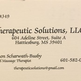 Therapeutic Solutions - Business Card information as of 12/02/16 - Massage Near Me - Hattiesburg, Mississippi Therapeutic Solutions - Business Card information as of 12/02/16 - Massage Near Me - Hattiesburg, Mississippi