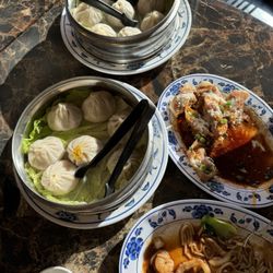 Liu's Shanghai - Crab and pork soup dumplings, Pork soup dumplings, fried wontons in peanut & hot sauce, Little bit of everything laid fun