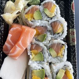 44 Salmon Mango Avocado Roll, salmon sashimi, and white tuna
