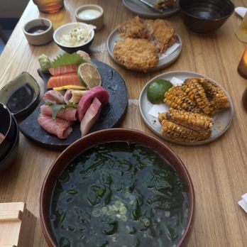 Konban - Spinach udon, sashimi, corn ribs, menchi katsu - Izakaya Near Me - New York, New York