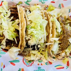 Cielito Lindo Taqueria - L to R: Barbacoa Taco with lettuce, Carne Molida Taco with cheese and lettuce, and Pollo Taco with lettuce cheese and medium sauce
