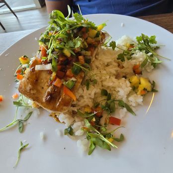 On The Waterfront Restaurant - Pineapple glazed Mahi with rice. - New American Near Me - Lakeport, California On The Waterfront Restaurant - Pineapple glazed Mahi with rice. - New American Near Me - Lakeport, California