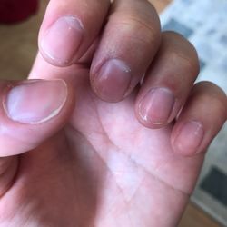 10min after I left salon. Mani buff. Polish still on from 2wks ago and uneven filing.