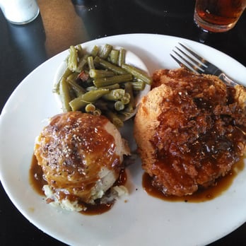 Cotton Patch Cafe - Chicken fried chicken with brown gravy, garlic mashed potatoes and green beans. - American Near Me - Arlington, Texas Cotton Patch Cafe - Chicken fried chicken with brown gravy, garlic mashed potatoes and green beans. - American Near Me - Arlington, Texas