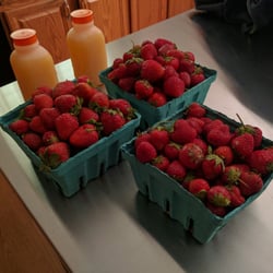 Thorpe's Organic Family Farm - First Fruit of the 2016 Fruit Share.  3 Qts organic strawberries (or 6 qts PYO!), 2 pints organic orange juice.