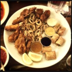 Portobello Feasts Restaurant - Appetizer Platter (fried calamari, coconut shrimp, spring roll trio, Buffalo chicken skewers)