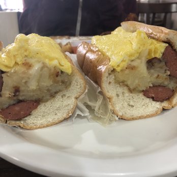 Cedar Park Cafe - cross section of dankwich  beef sausage, scrambled eggs, home fries w/ peppers and onions - Breakfast & Brunch Near Me - Philadelphia, Pennsylvania