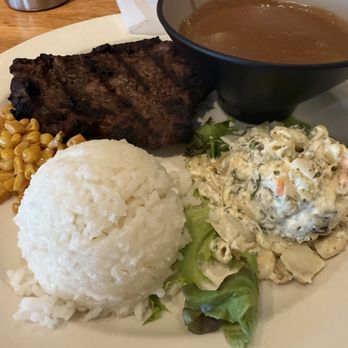 Liliha Bakery - Ala Moana - Hamburger steak with rice, corn, potato mac salad with gravy on the side - Breakfast & Brunch Near Me - Honolulu, Hawaii