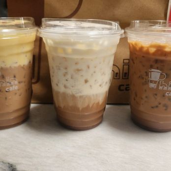 Phin Cafe - Left to right:  Egg Coffee, Durian Coffee, Milk Iced Vietnamese Coffee - Bubble Tea Near Me - San Jose, California
