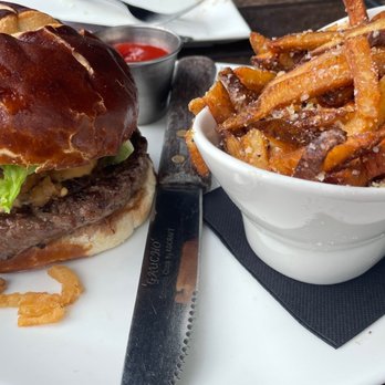 The Hangry Bison - Build our own bison burger on a pretzel bun with upgraded truffle fries. Really good. Maybe a little longer on the cook but very flavorful - New American Near Me - Winter Park, Florida