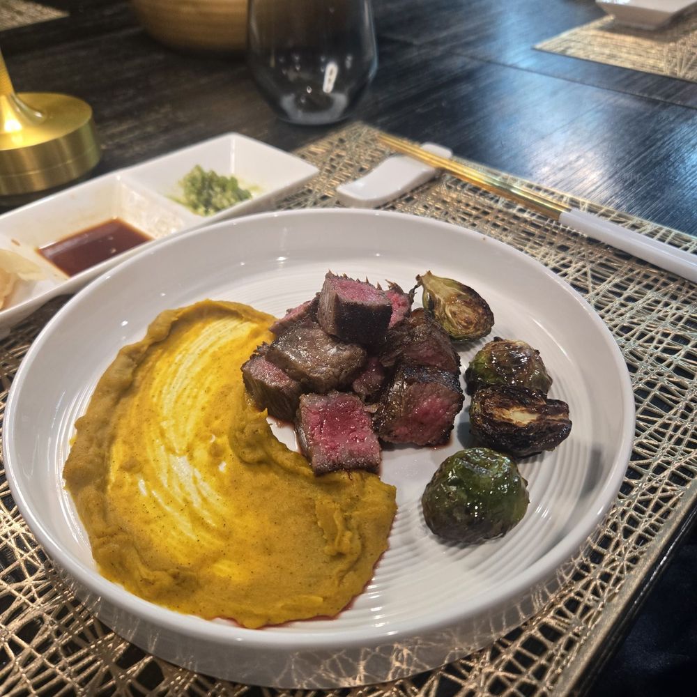 The Homakase Chef - Steak, brussel sprouts, and a squash puree (such an unexpected highlight) - Personal Chefs Near Me