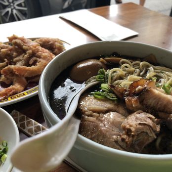 Menya le Nood - Black Tonkatsu large Menya ramen with mild spice and side of garlic shrimp. - Ramen Near Me - Honolulu, Hawaii Menya le Nood - Black Tonkatsu large Menya ramen with mild spice and side of garlic shrimp. - Ramen Near Me - Honolulu, Hawaii