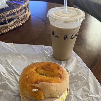 Cool Down Coffee - Hazelnut iced latte with almond milk and the Original Cool Down breakfast sandwich while watching Shark Week. - Coffee & Tea Near Me - Chula Vista, California