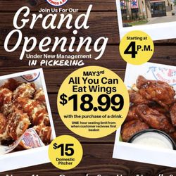 AllStar Wings and Ribs - Mark Your Calendars! May 3rd At 4:00pm. AllStar Pickering's Grand Opening Under Management. $18.99 (with the purchase of a drink)