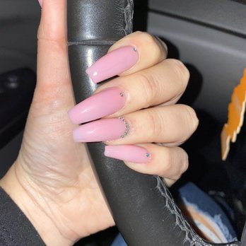 Mindy Nails Bar - Coffin shape long nails with pink powder and rhinestones - Nail Salons Near Me - Whittier, California