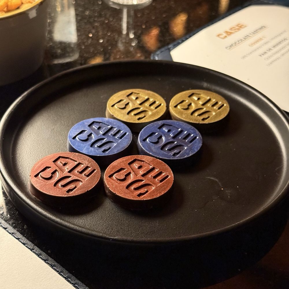 CASE Chocolates - If I remember correctly - the red chocolate is from Madagascar, blue chocolate is from Ghana & gold chocolate is from Dominican Republic - Speakeasies Near Me - Houston, Texas