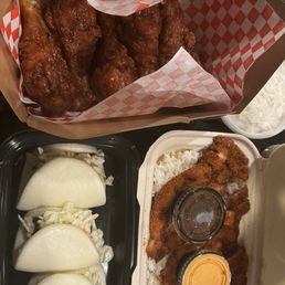 Soy Garlic drumstick, pork belly Bao, and chicken Katsu Soy Garlic drumstick, pork belly Bao, and chicken Katsu