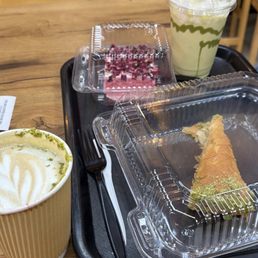 Rose milkcake, baklava, pistachio milkshake, and pistachio latte