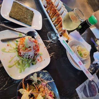 Sushi Nini - Spicy tuna, dynamite roll, mount fuji, house salad (left to right) - Sushi Bars Near Me - Round Rock, Texas Sushi Nini - Spicy tuna, dynamite roll, mount fuji, house salad (left to right) - Sushi Bars Near Me - Round Rock, Texas