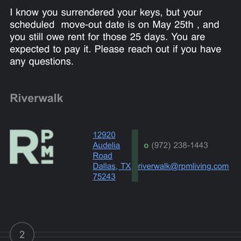 Riverwalk Apartments - Carolina attempting to charge us for rent for a whole month after we were gone since 4/26 - Apartments Near Me - Dallas, Texas Riverwalk Apartments - Carolina attempting to charge us for rent for a whole month after we were gone since 4/26 - Apartments Near Me - Dallas, Texas