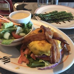 Bunless burger & a side salad with roasted asparagus
