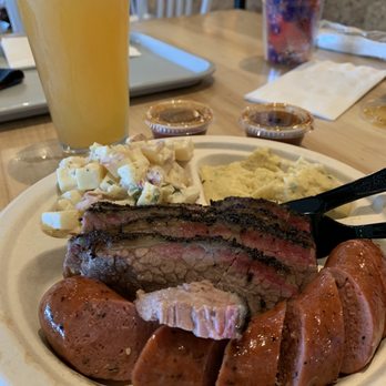 Little Miss BBQ - 2 meat plate with brisket, sausage, grits, and potato salad. Church music IPA is looming in the back... - Barbeque Near Me - Phoenix, Arizona Little Miss BBQ - 2 meat plate with brisket, sausage, grits, and potato salad. Church music IPA is looming in the back... - Barbeque Near Me - Phoenix, Arizona