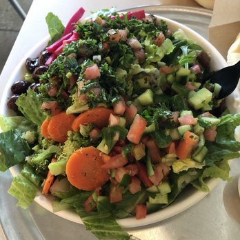 Pita 360 - Gyro salad (the gyro is hiding underneath).  Make sure to tell them to NOT toss the salad.  It tastes better that way. - Mediterranean Near Me - Gardena, California