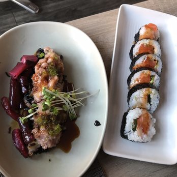 Sushi Hachi - Grilled Octopus Chu Toro, Yellowtail Roll (the sweet and sour sauce was not a good sauce to top this dish with) - Sushi Bars Near Me - Washington, DC, District of Columbia