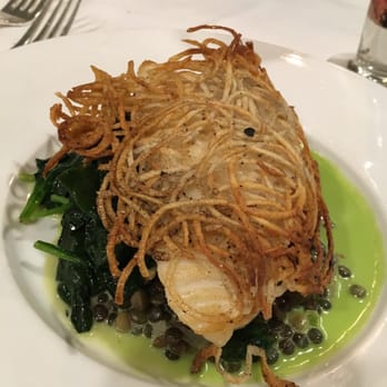 La Caille - Sea Bass entree w/lentils and spinach - French Near Me - Sandy, Utah La Caille - Sea Bass entree w/lentils and spinach - French Near Me - Sandy, Utah