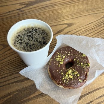 Dottie's Donuts - Chocolate pistachio donut, drip coffee - Donuts Near Me - Philadelphia, Pennsylvania Dottie's Donuts - Chocolate pistachio donut, drip coffee - Donuts Near Me - Philadelphia, Pennsylvania