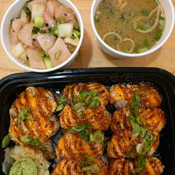 Mix Sushi Bar - Spicy Seared Salmon NIgiri w/ Yellowtail Poke and Miso Soup - Sushi Bars Near Me - Bellevue, Washington