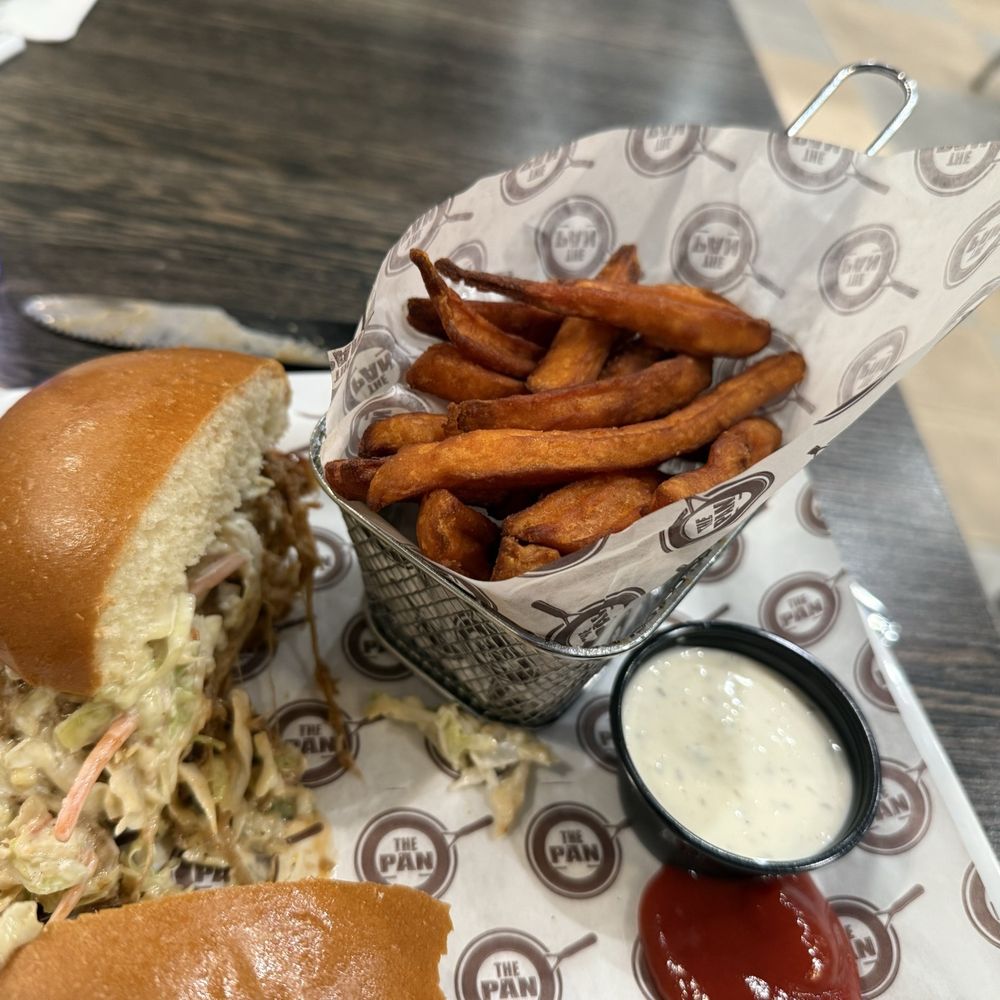 The Pan - Pulled pork sandwich with sweet potato fried - Breakfast & Brunch Near Me - Santa Ana, California The Pan - Pulled pork sandwich with sweet potato fried - Breakfast & Brunch Near Me - Santa Ana, California
