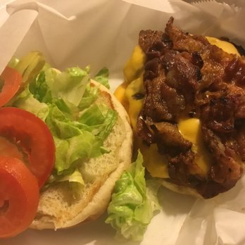 Funnel Cakes & More - Bacon cheeseburger, with lettuce, pickles and tomatoes - yum! - Desserts Near Me - Arlington, Texas Funnel Cakes & More - Bacon cheeseburger, with lettuce, pickles and tomatoes - yum! - Desserts Near Me - Arlington, Texas