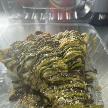 A Plus Creperie - Dubai Crepe , Pastachio Crème, With 2 types of Chocolate and Katifi and Strawberries also can add Bananas ( a choice ) . - Creperies Near Me - Albuquerque, New Mexico A Plus Creperie - Dubai Crepe , Pastachio Crème, With 2 types of Chocolate and Katifi and Strawberries also can add Bananas ( a choice ) . - Creperies Near Me - Albuquerque, New Mexico