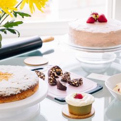 Almond cake, cookies, chocolate turrón, strawberry cake, and flan.