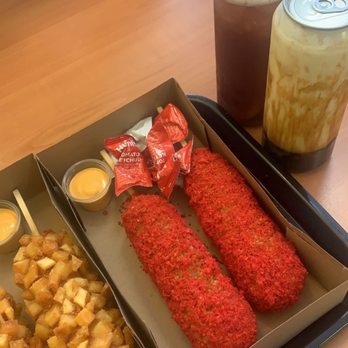 Mochi Lion - Potato Half Mozzarella Rice Hot Dog Hot Cheetos Half Mozzarella Rice Hot Dog Brown Sugar Boba Milk Tea Grape Lemon Tea - Donuts Near Me - Riverside, California