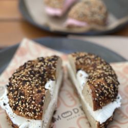 Everything Bagel and Super Seed Bagel w/ Strawberry Cream Cheese IG: @ammysalamii