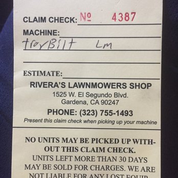 Rivera's Lawn Mower Shop - claim check - Nurseries & Gardening Near Me - Gardena, California