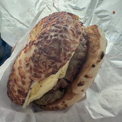 Sausage, egg, and cheese on asiago bagel. Very filling
