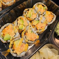 Kiku Sushi - Part of the "Spicy 3 Roll Combo". Close up, California. To go via DoorDash.