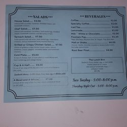 Blue Daisy Cafe & Catering - Back of menu; salads, drinks, and you prolly want a malt.