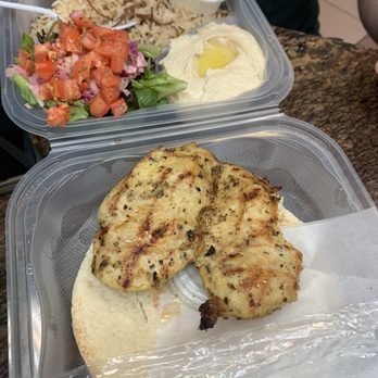 Original Daily Bread Marketplace - Chicken platter with hummus, salad and pilaf rice - Middle Eastern Near Me - Miami, Florida