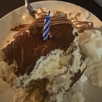 Latitude 48 - Tiramisu with candle to celebrate our anniversary - New American Near Me - Finleyville, Pennsylvania